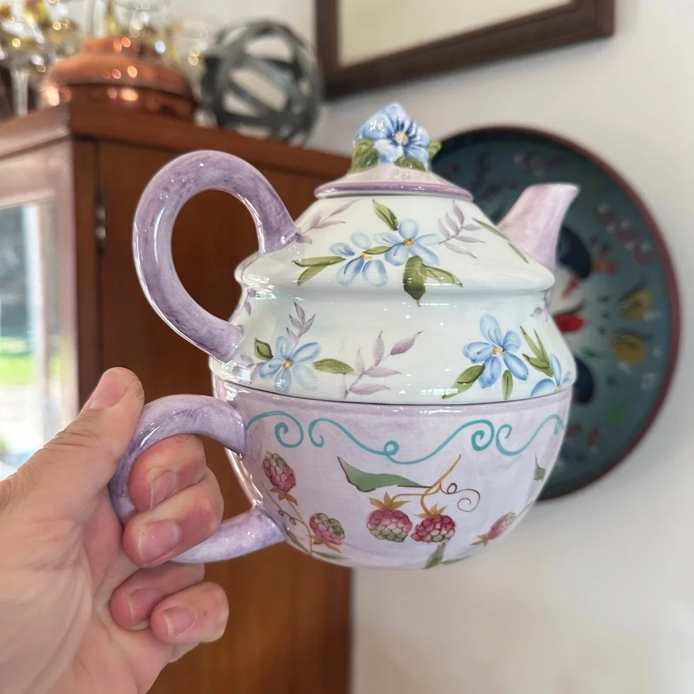 NEW VTG Tea for One Ceramic Nesting Teapot & Cup Set Floral Purple Blue Painted